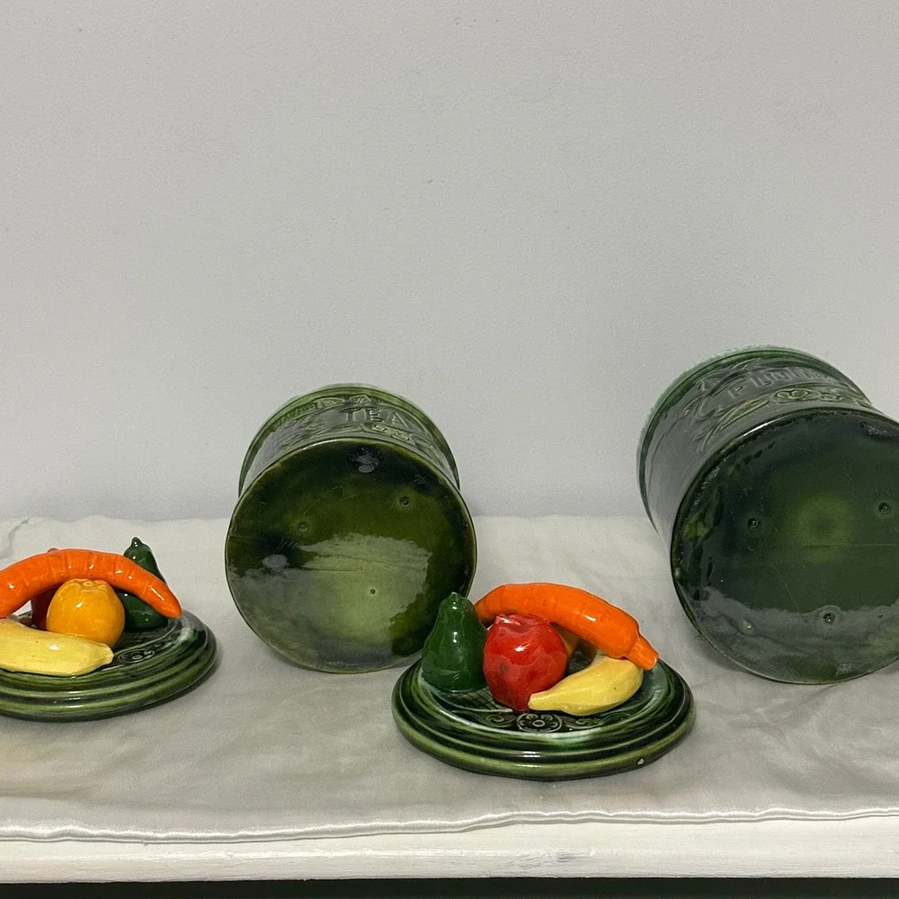 Vintage Fruit Lid Ceramic Canister Avacado Green‎ Tea Flour Jars Good Retro MCM